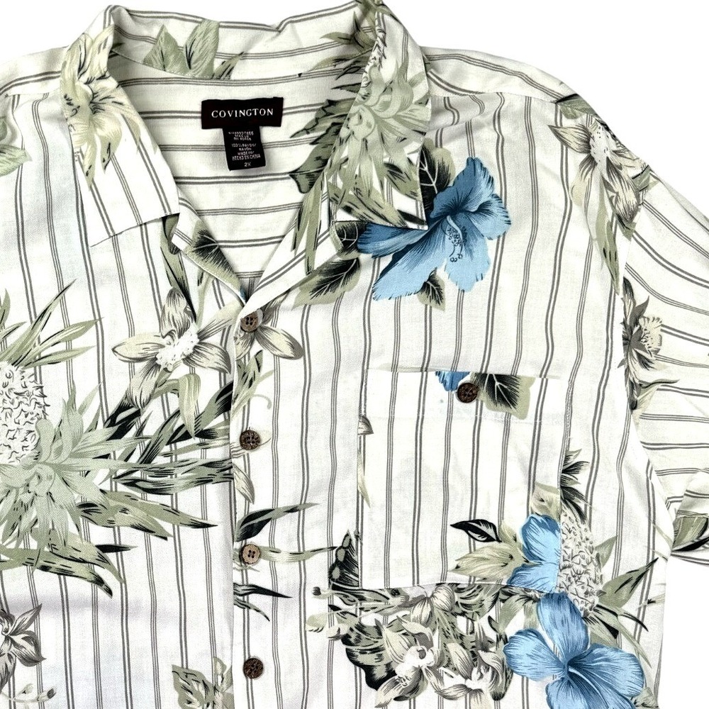 Covington Hawaiian Shirt Men 2XL Rayon Green Floral Aloha Striped Surf Retro‎